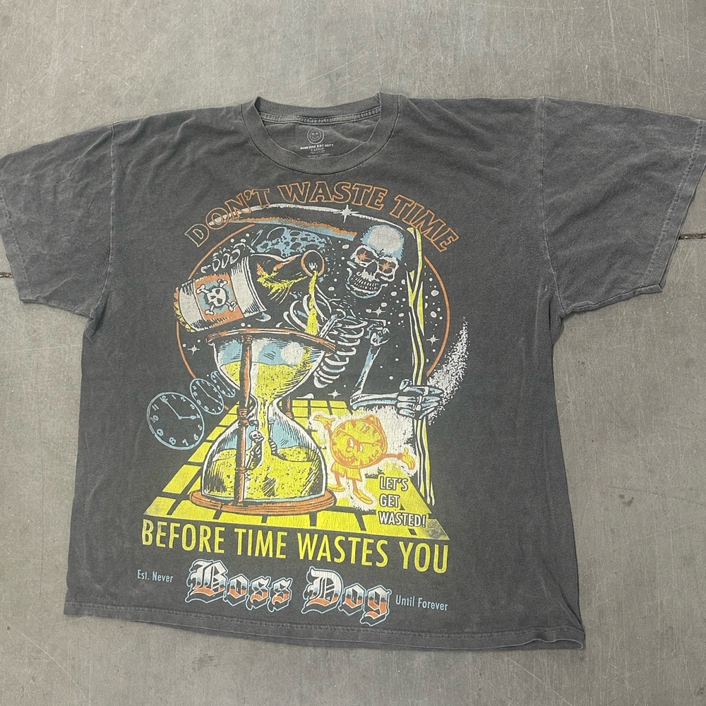 BOSS DOG Vintage Graphic Skeleton Hourglass Tee - Black with Yellow Artwork